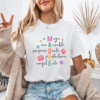 colorful Spanish text design spelling "MADRE" vertically, with words describing a mother’s qualities, decorated with flowers and roses.