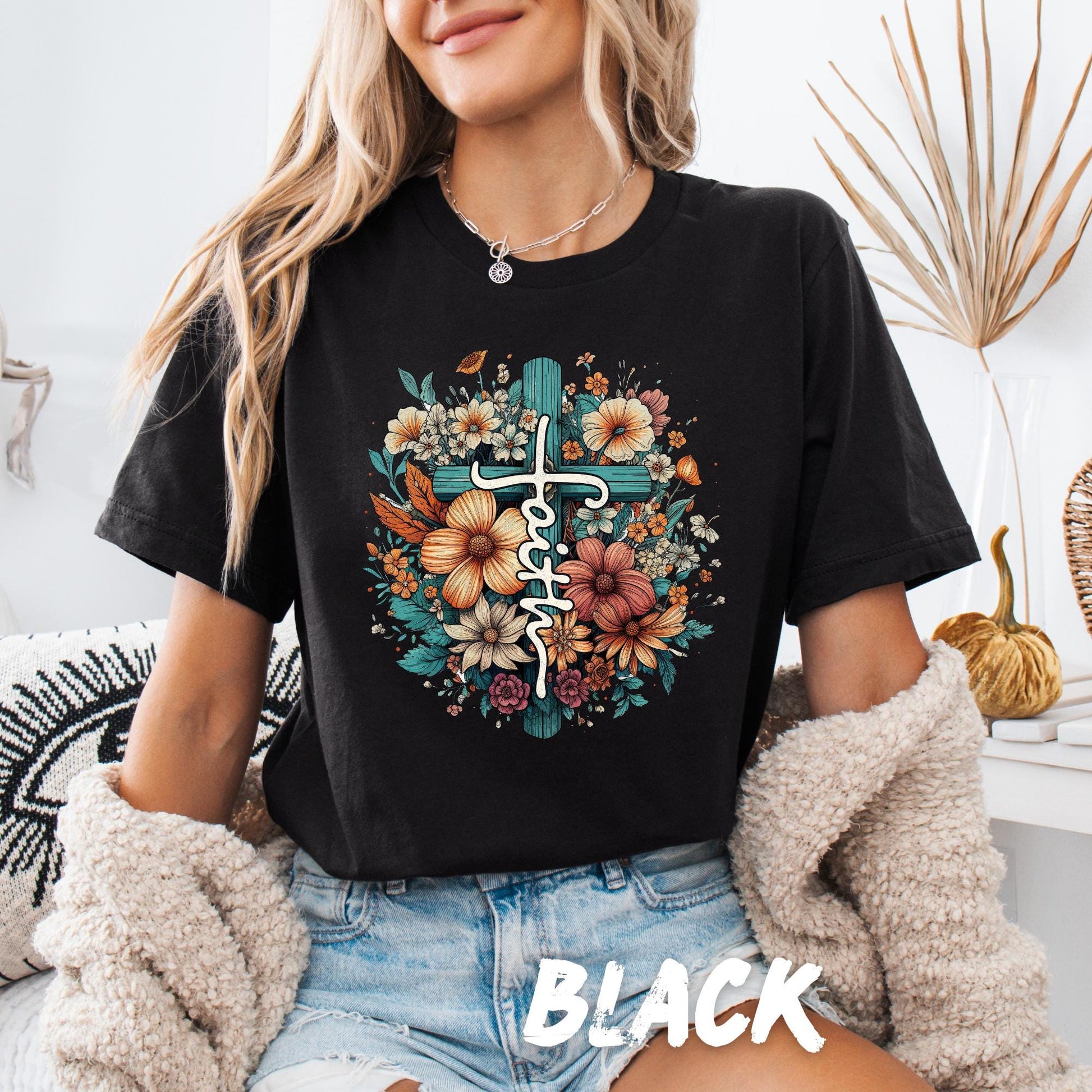 Faith Christian T-Shirt for Women Floral Cross Graphic Tee Religious Shirt Christian Apparel Bible Verse Shirt Jesus Christian Gift