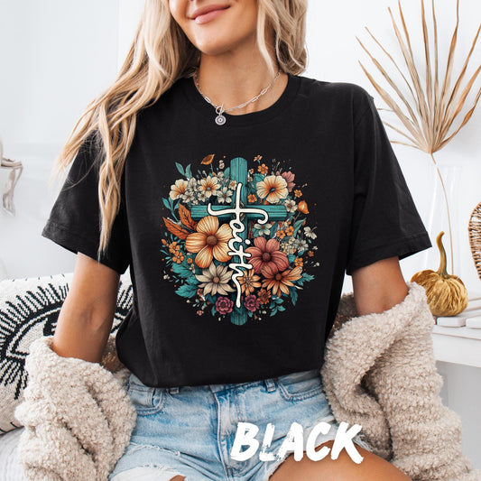 Faith Christian T-Shirt for Women Floral Cross Graphic Tee Religious Shirt Christian Apparel Bible Verse Shirt Jesus Christian Gift