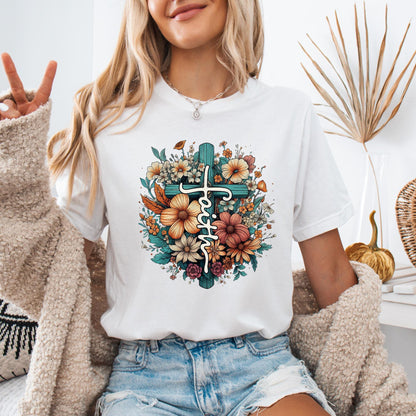 Faith Christian T-Shirt for Women Floral Cross Graphic Tee Religious Shirt Christian Apparel Bible Verse Shirt Jesus Christian Gift