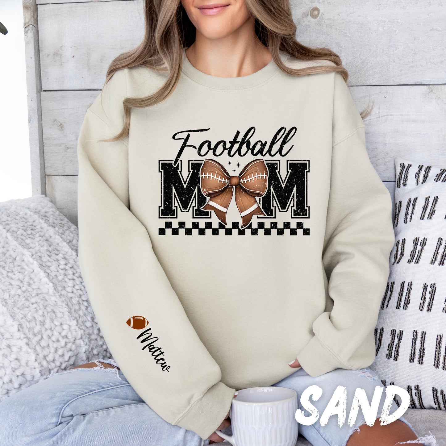 Football Mom Sweatshirt Personalized Coquette Football Sweatshirt Customized with Kids Names on Sleeve - Football Lover Gift
