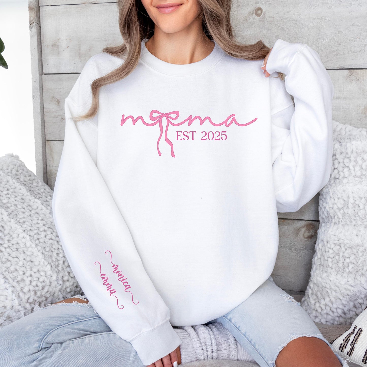Personalized Mama Sweatshirt EST Year Custom Crewneck - New Mom Gift - Mothers Day Sweater - Baby Announcement Sweatshirt Custom Name Sleeve