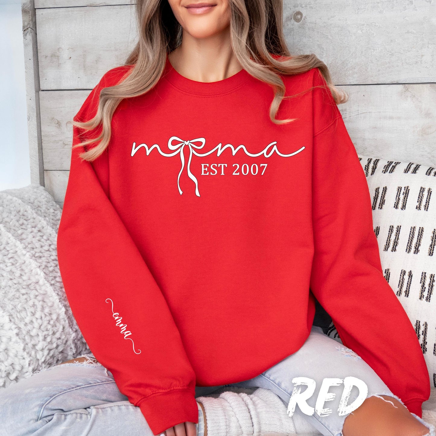 Personalized Mama Sweatshirt EST Year Custom Crewneck - New Mom Gift - Mothers Day Sweater - Baby Announcement Sweatshirt Custom Name Sleeve