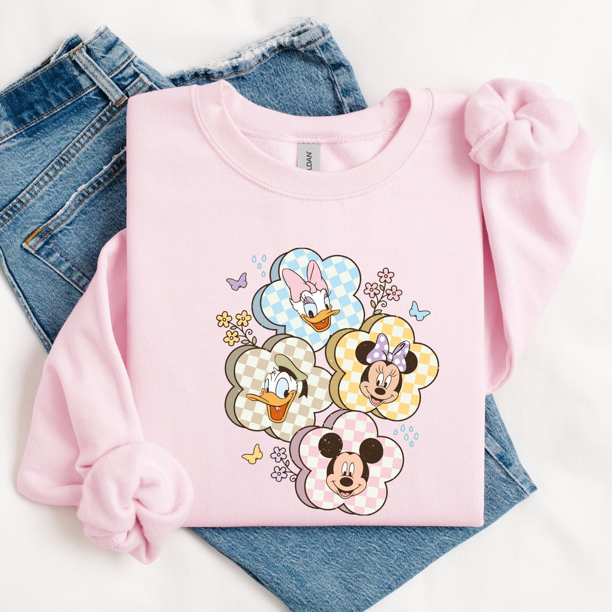Disney Spring Sweatshirt - Mickey and Friends Pullover for Women & Kids Easter Shirt Gingham Flower Crewneck