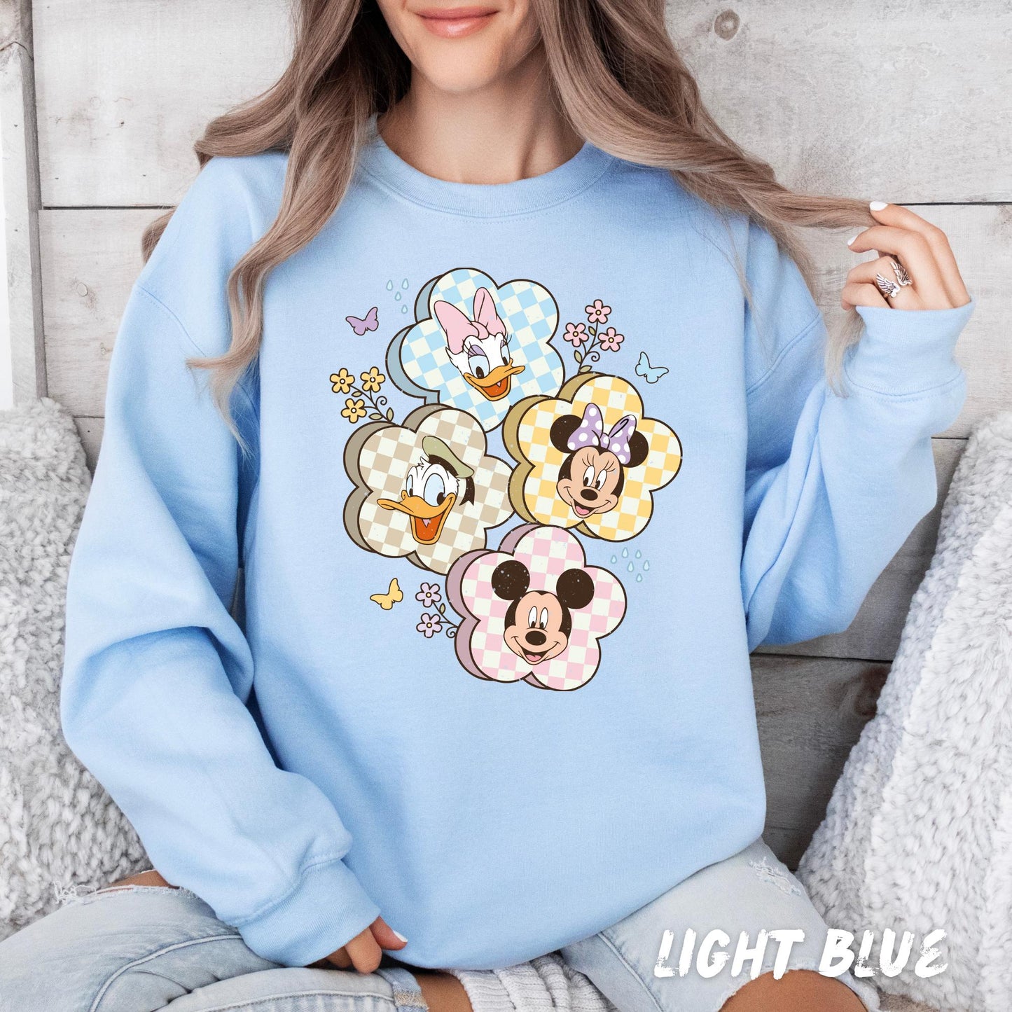 Disney Spring Sweatshirt - Mickey and Friends Pullover for Women & Kids Easter Shirt Gingham Flower Crewneck