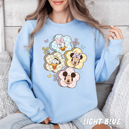 Disney Spring Sweatshirt - Mickey and Friends Pullover for Women & Kids Easter Shirt Gingham Flower Crewneck