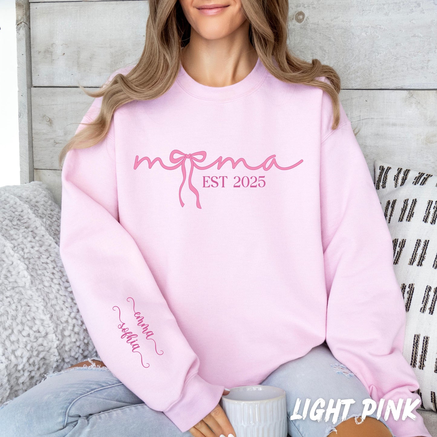 Personalized Mama Sweatshirt EST Year Custom Crewneck - New Mom Gift - Mothers Day Sweater - Baby Announcement Sweatshirt Custom Name Sleeve