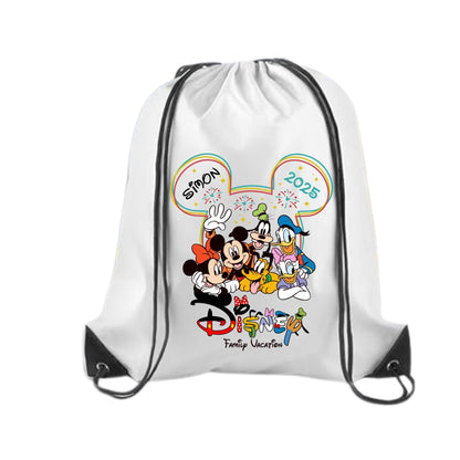 A drawstring backpack featuring a Disney-themed design. The design includes a Mickey Mouse-shaped graphic with fireworks, a silhouette of a Disney castle, and popular Disney characters such as Mickey Mouse, Minnie Mouse, Donald Duck, Daisy Duck, Goofy, and Pluto. The text "Sophia 2025" is written inside one of the ears of the Mickey Mouse shape, and "Disney Trip" is written in a playful font along the side. The backpack has black drawstrings and reinforced black corners.