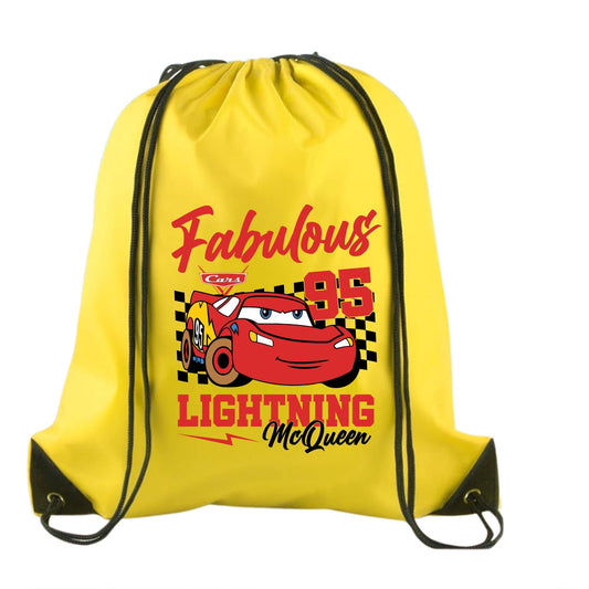 drawstring backpack featuring a colorful graphic of Lightning McQueen from the Disney Pixar movie 'Cars'. The design includes a red race car with eyes on the windshield, checkered flag background, and bold red and black text that reads 'Fabulous Lightning McQueen' with the number 95.