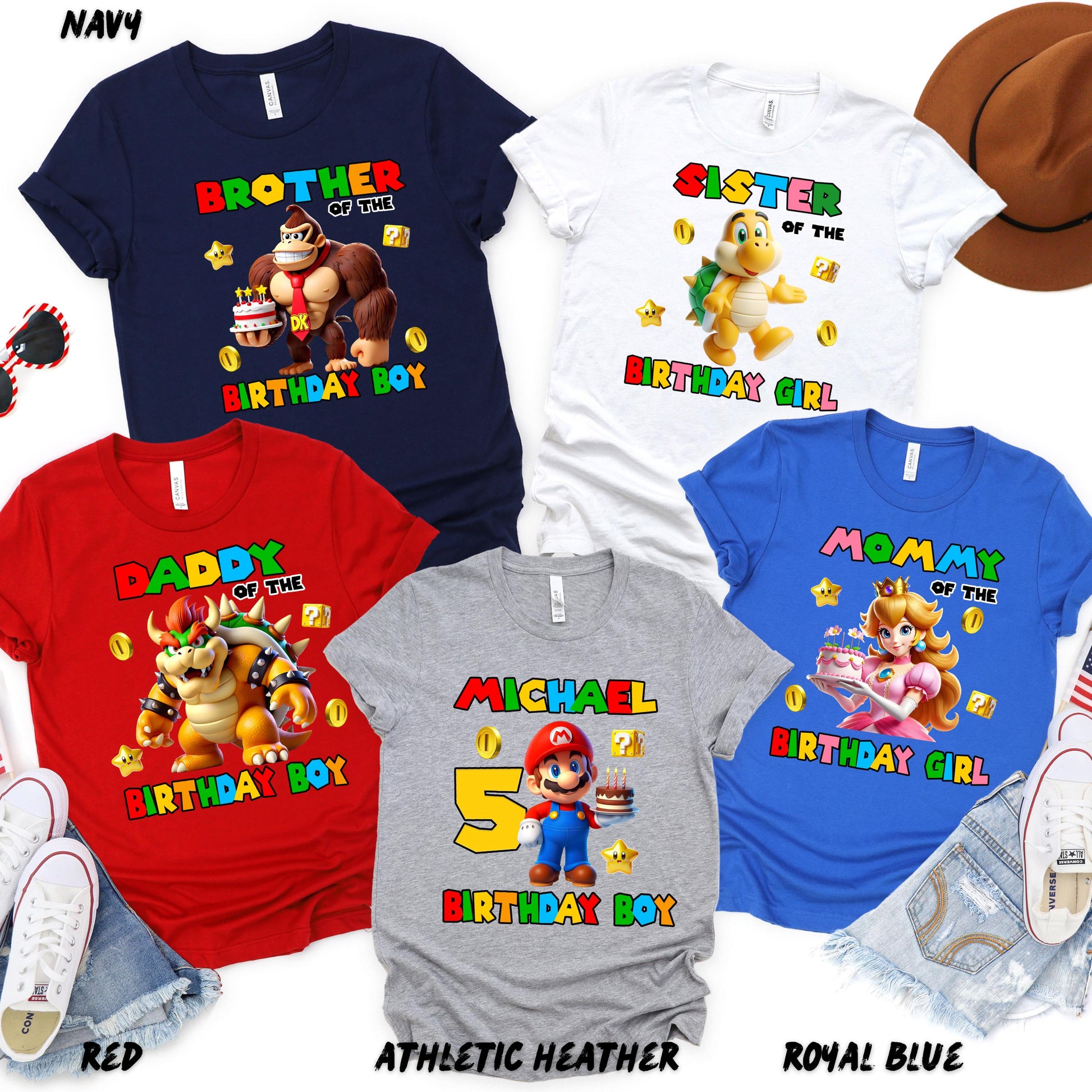 Custom birthday shirts featuring Super Mario characters for kids and family members. Each shirt has a unique design with bold, playful fonts and themed graphics. Includes: “Brother of the Birthday Boy” with Donkey Kong holding a cake.  “Daddy of the Birthday Boy” with Bowser. Mario with the number 5 and the name “Michael.” “Mommy of the Birthday Girl” with Princess Peach holding a cake. All designs are accented with Mario-themed icons like gold coins, stars, and question blocks.