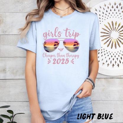 Girls Trip 2025 Shirt – Cheaper Than Therapy Tee, Summer Vacation Matching Shirts, Tropical Sunset Graphic, Bachelorette Party T-Shirt