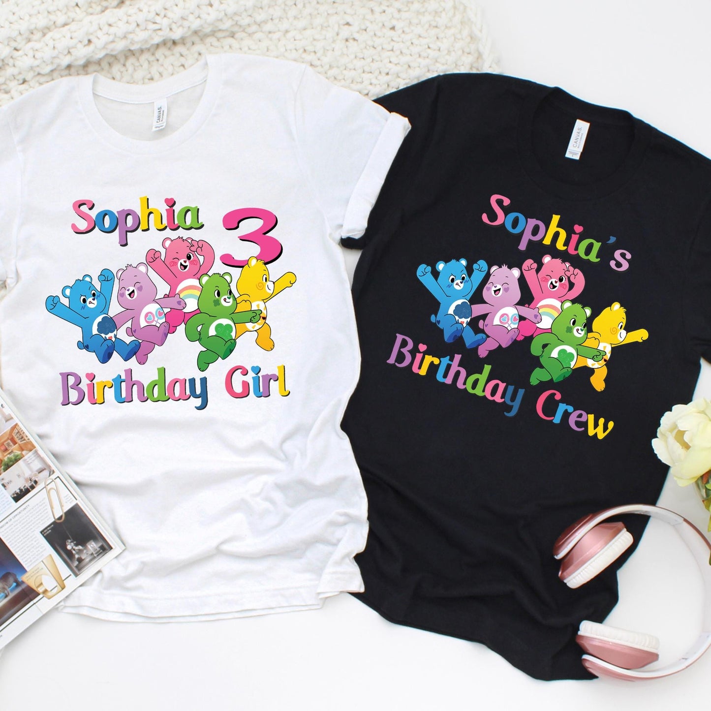 Personalized Care Bears birthday shirt set – colorful birthday girl tee with name and age, and matching birthday crew shirt – custom Care Bears party outfits for kids and family – rainbow theme birthday shirts