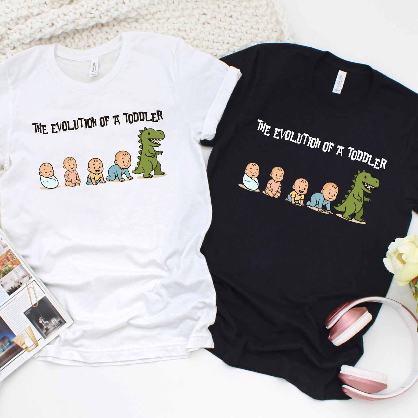 Illustration showing the humorous "evolution" of a toddler, with a sequence of cartoon babies progressing from a swaddled newborn, to sitting, crawling, and walking—ending with the toddler transforming into a roaring green dinosaur, symbolizing their wild and energetic phase.