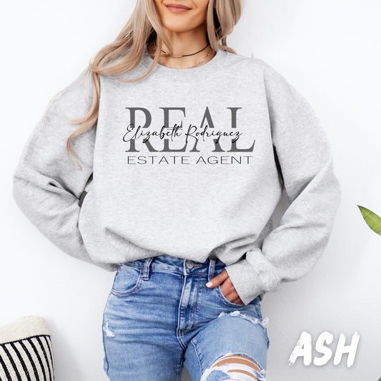 Personalized real estate agent sweatshirt – custom name realtor crewneck in ash gray – stylish and professional gift for women realtors – real estate team apparel