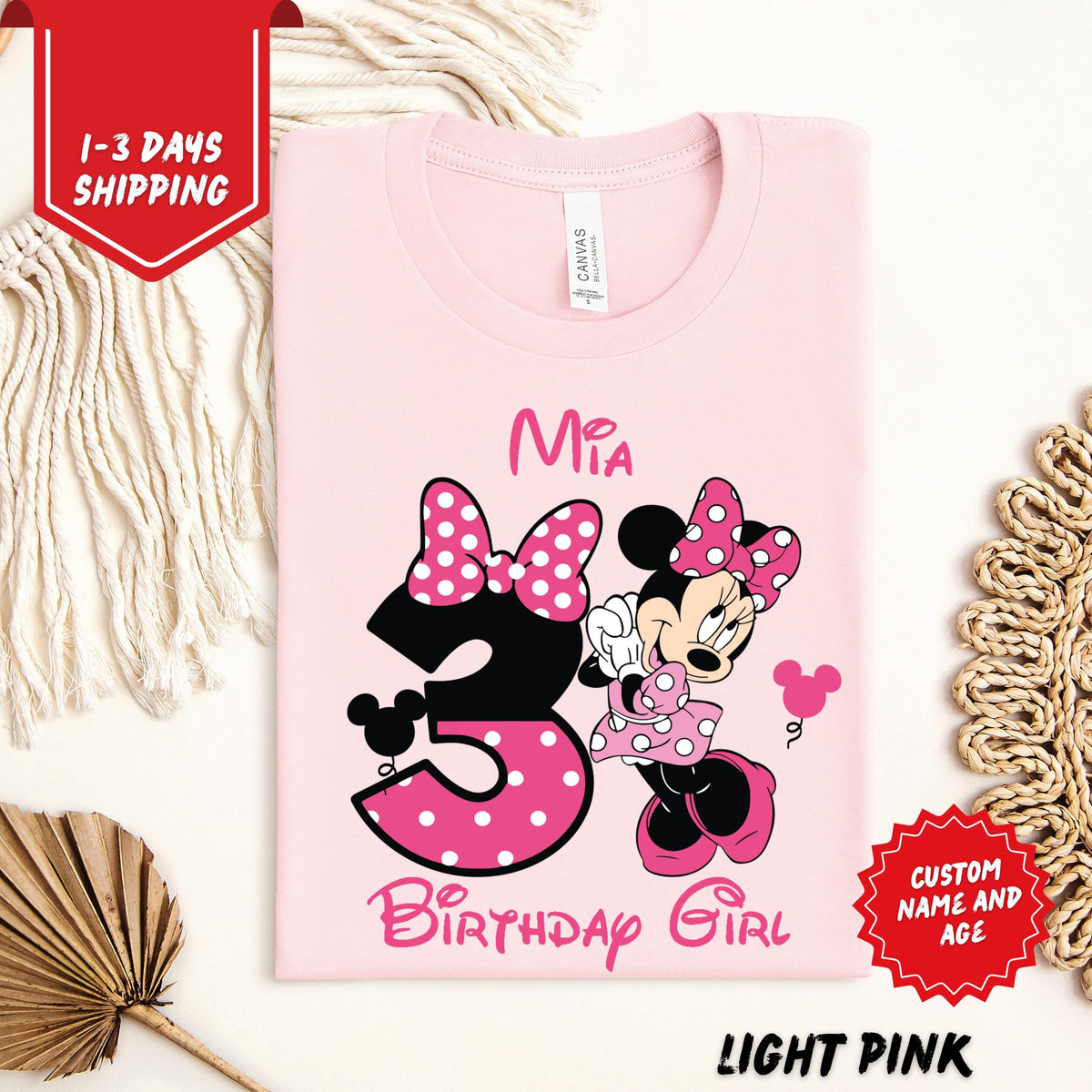 Light pink birthday girl shirt featuring a cartoon mouse in pink polka dot outfit with number 3 – personalized with custom name and age – cute and fun design perfect for toddler girl birthday parties – fast shipping 1–3 days