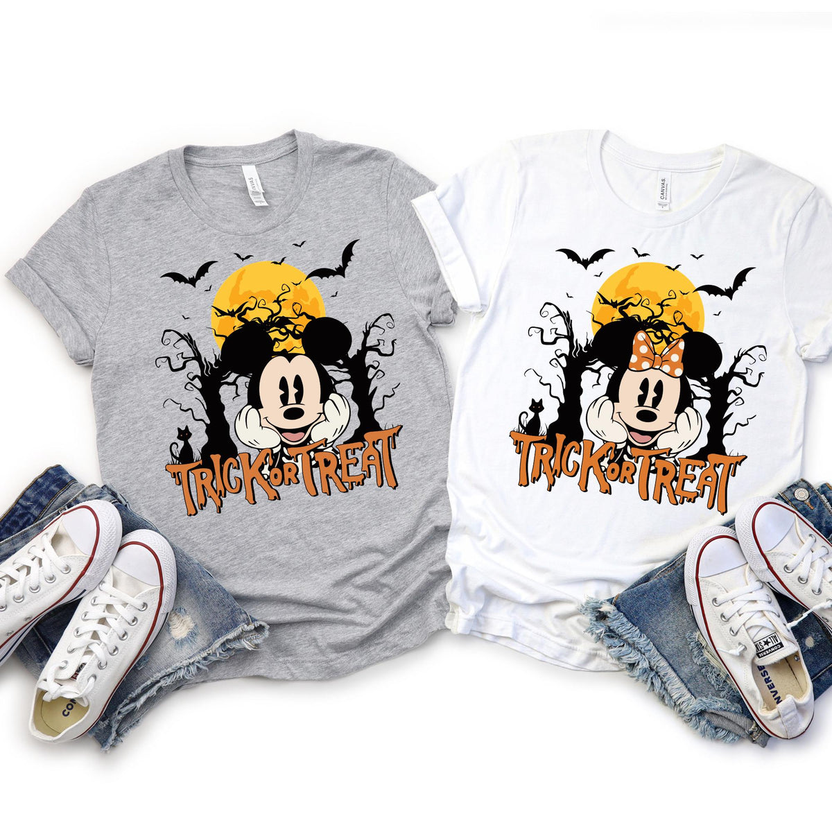 Halloween “Trick or Treat” Disney character shirts featuring spooky full moon and bats background, with six design options: Mickey Mouse, Minnie Mouse, Donald Duck, Daisy Duck, Goofy, and Pluto. Perfect for matching Halloween outfits for Disney trips, family gatherings, and festive events.