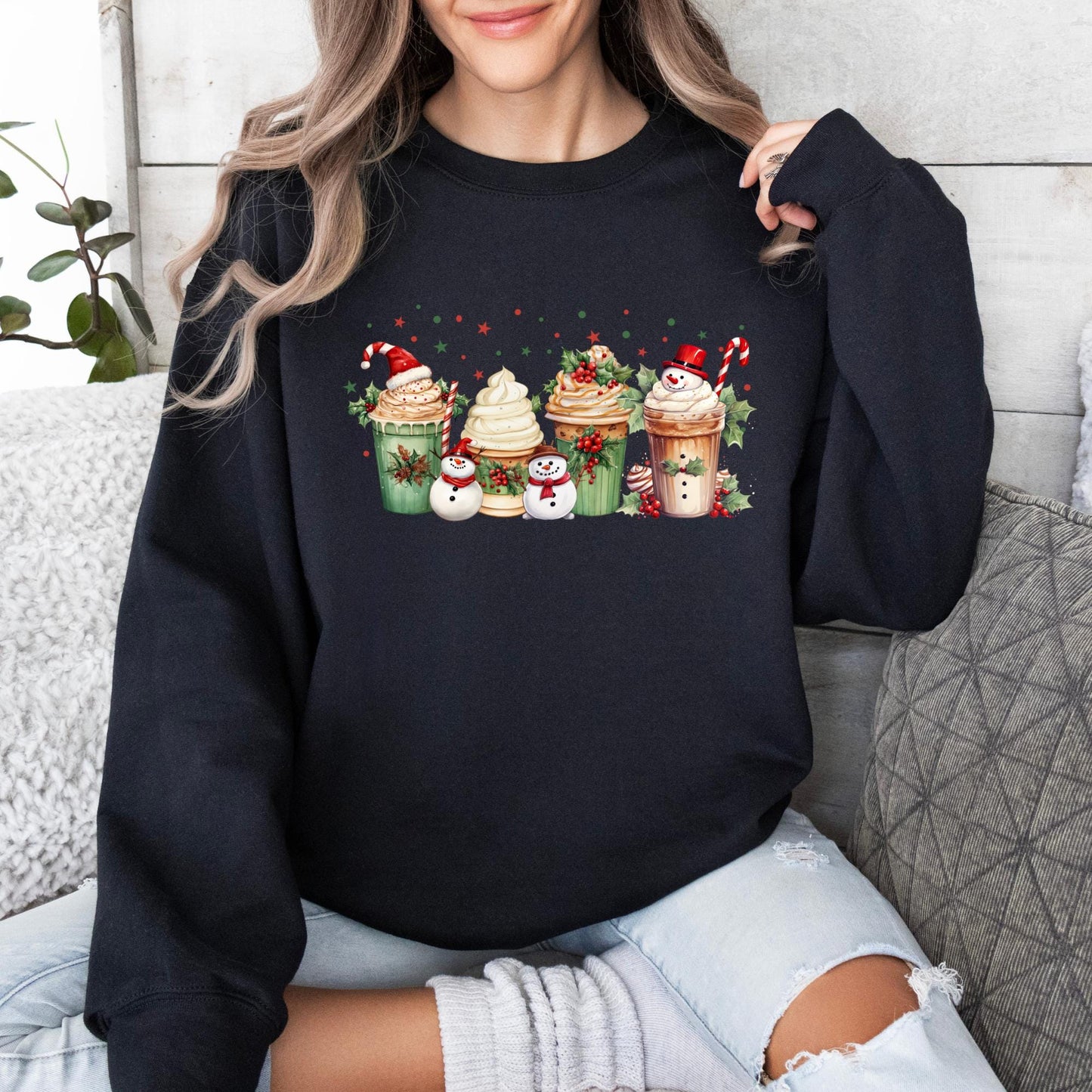 Christmas Coffee Sweatshirt – Holiday Latte Lover Shirt – Cute Snowman Cocoa Sweater – Unisex Cozy Xmas Pullover – Winter Coffee Gift