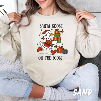 Santa Goose on the Loose Sweatshirt – Funny Christmas Goose Shirt – Cute Holiday Pullover – Unisex Xmas Sweater – Gift for Goose Lover