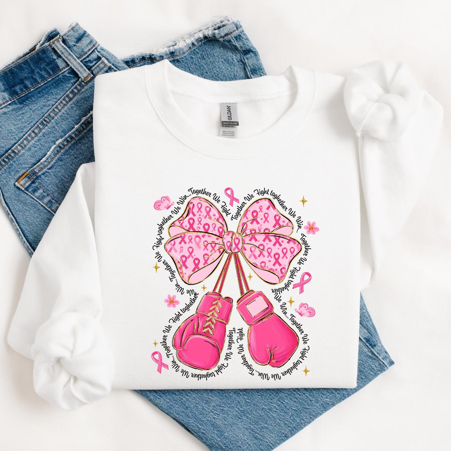 Breast Cancer Awareness Sweatshirt – Pink Ribbon Bow & Boxing Gloves – Together We Fight Shirt – October Support Crewneck