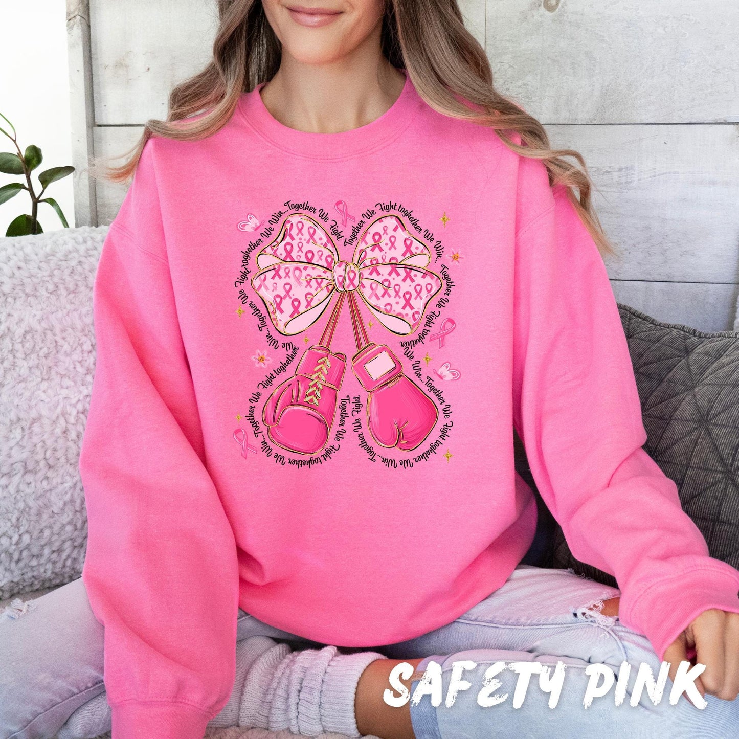Breast Cancer Awareness Sweatshirt – Pink Ribbon Bow & Boxing Gloves – Together We Fight Shirt – October Support Crewneck