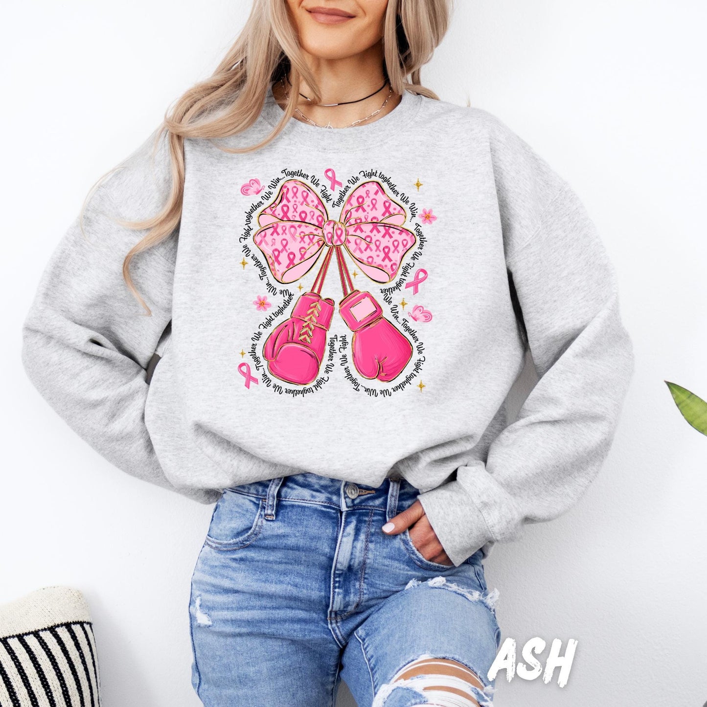 Breast Cancer Awareness Sweatshirt – Pink Ribbon Bow & Boxing Gloves – Together We Fight Shirt – October Support Crewneck