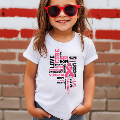 Breast Cancer Awareness Shirt – Pink Ribbon Word Tee, Hope Faith Love Cure Strength Survivor Support T-Shirt for Women - Breast Cancer Gift