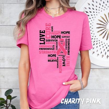Breast Cancer Awareness Shirt – Pink Ribbon Word Tee, Hope Faith Love Cure Strength Survivor Support T-Shirt for Women - Breast Cancer Gift