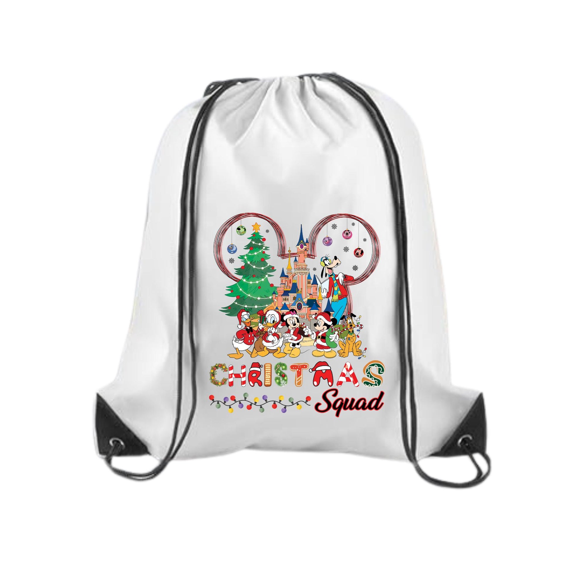 drawstring backpack with a festive 'Christmas Squad' design featuring cartoon characters dressed in holiday outfits in front of a castle, a decorated Christmas tree, and Mickey ears made of ornaments. Includes colorful lights and a cheerful holiday theme. Ideal for kids or holiday trips