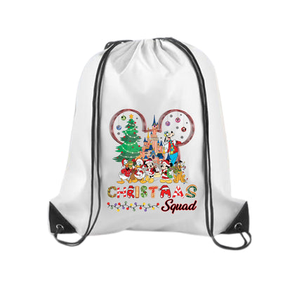 drawstring backpack with a festive 'Christmas Squad' design featuring cartoon characters dressed in holiday outfits in front of a castle, a decorated Christmas tree, and Mickey ears made of ornaments. Includes colorful lights and a cheerful holiday theme. Ideal for kids or holiday trips