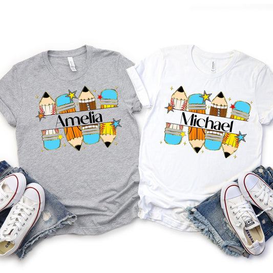 Custom back-to-school shirts featuring sports-themed pencils and name personalization – gray and white shirts with baseball, football, basketball, and softball pencil designs – includes a custom name printed across the center, perfect for kids&#39; first day of school outfits.
