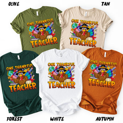 Thanksgiving Teacher Shirt - One Thankful Teacher Turkey Graphic Tee, Fall Teacher Shirt, Cute Autumn Holiday Top, Teacher Appreciation Gift
