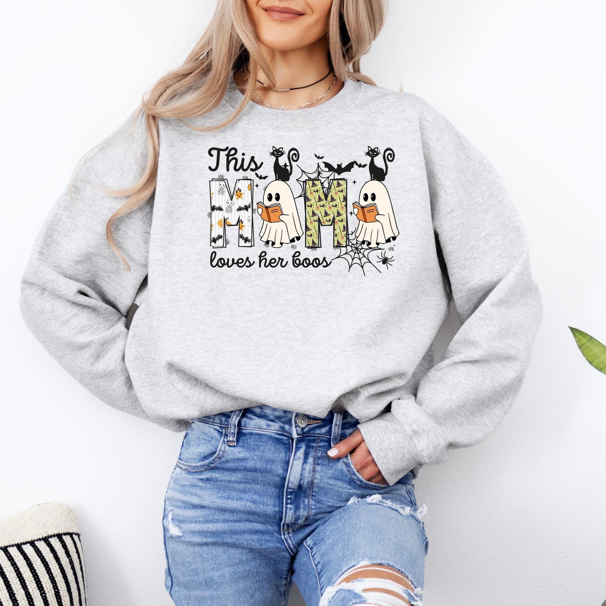 This Mom Loves Her Boos Sweatshirt | Halloween Mom Ghost Shirt | Cute Spooky Season Pullover | Fall Mom Sweater | Funny Halloween Crewneck