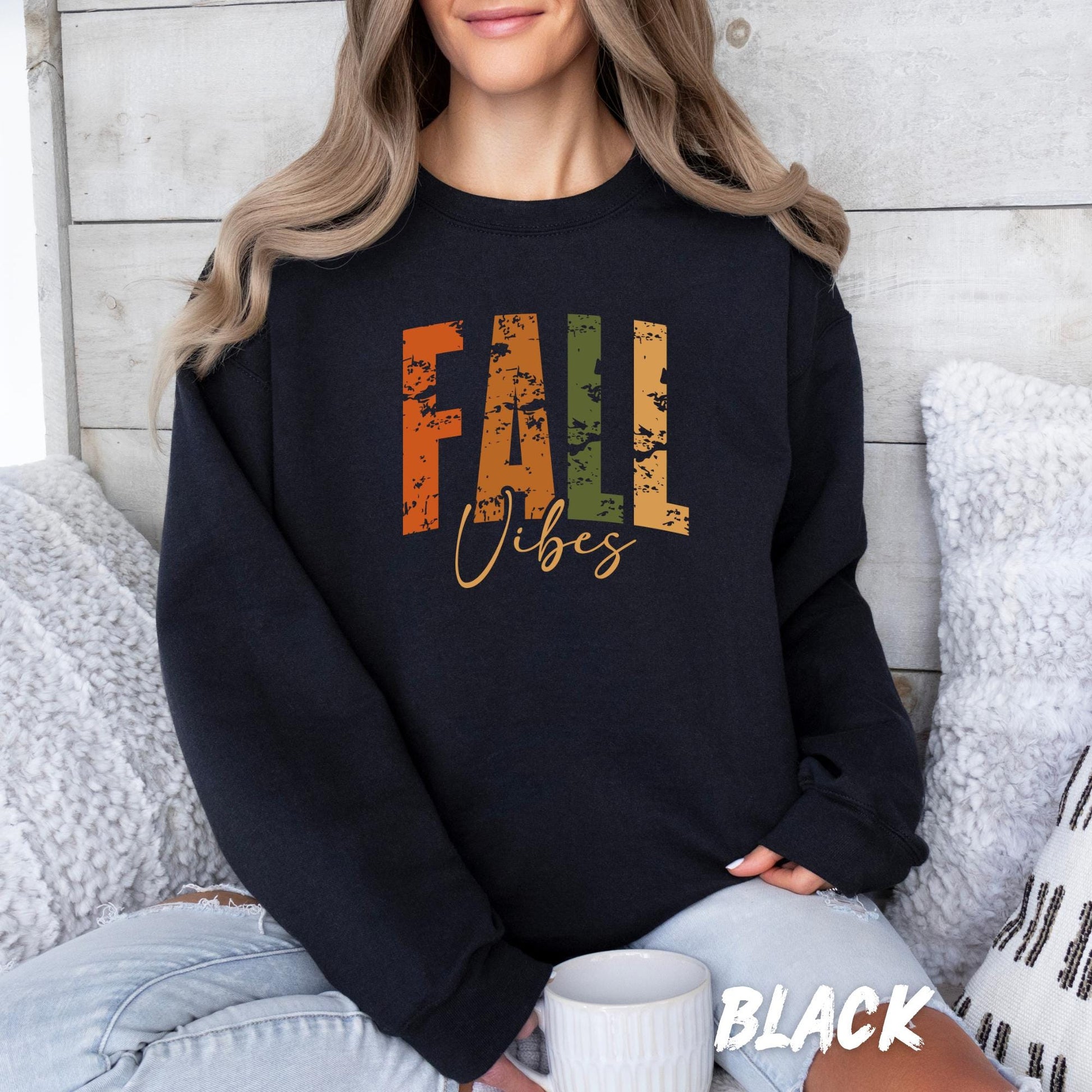 Fall Vibes Sweatshirt – Autumn Pullover for Adults & Kids – Cozy Thanksgiving Sweater – Distressed Fall Shirt – Fall Vibes Shirt