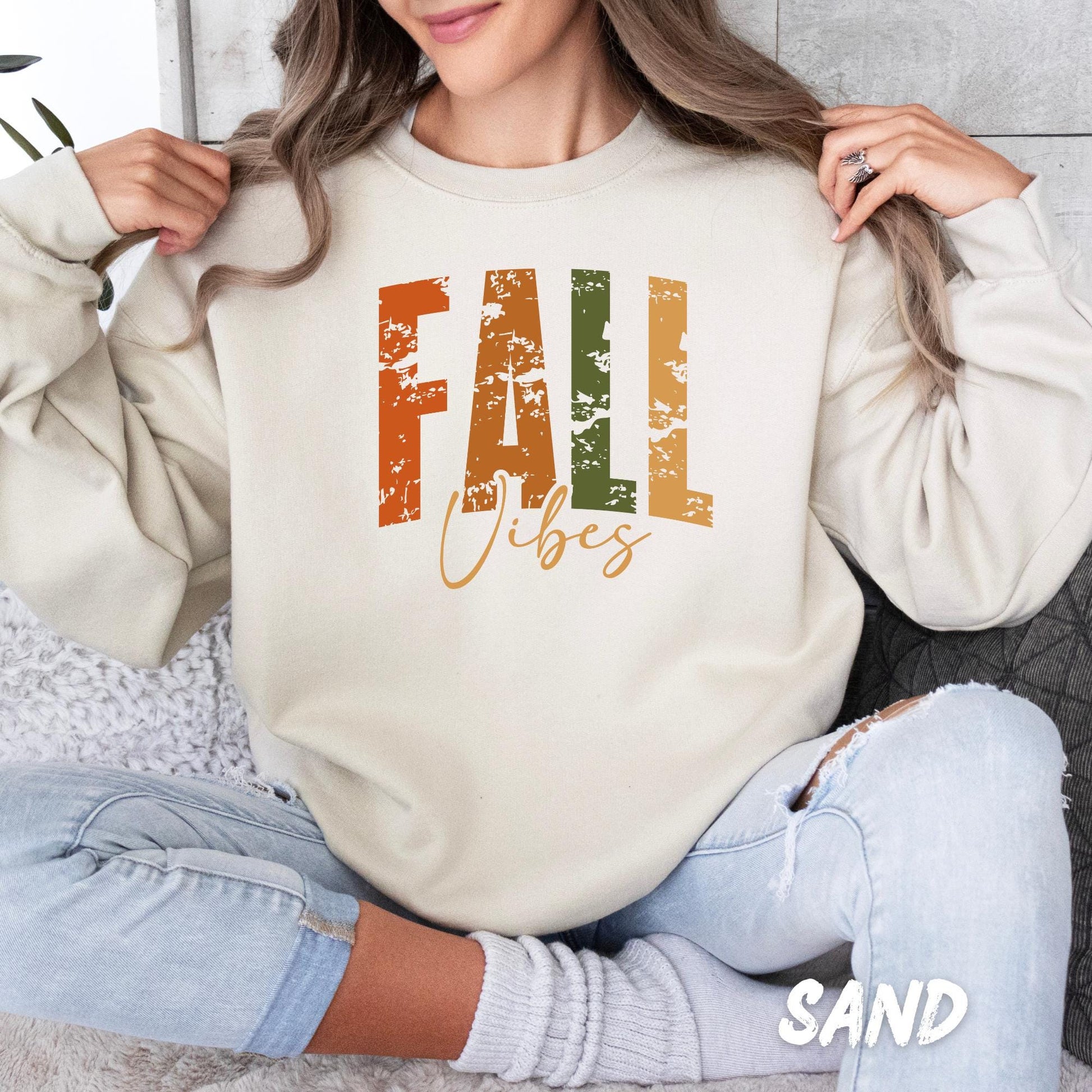 Fall Vibes Sweatshirt – Autumn Pullover for Adults & Kids – Cozy Thanksgiving Sweater – Distressed Fall Shirt – Fall Vibes Shirt