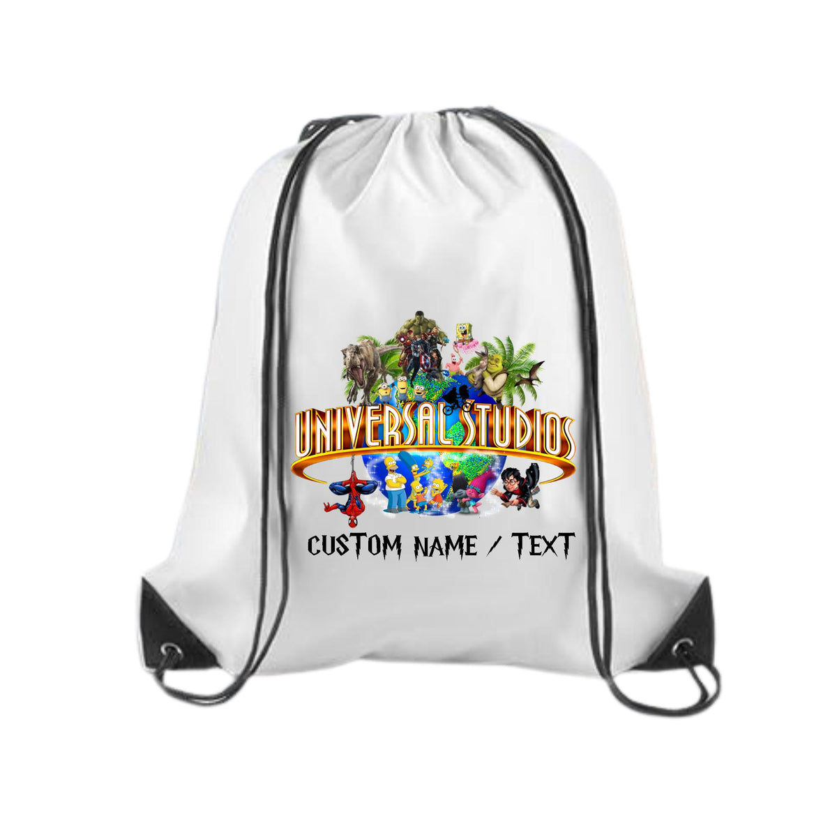 drawstring backpack featuring a colorful Universal Studios logo surrounded by popular characters from various movies and shows, including animated and action figures. Below the design is customizable text that allows for a custom name or message. Ideal for theme park trips, family vacations, or personalized gifts for kids