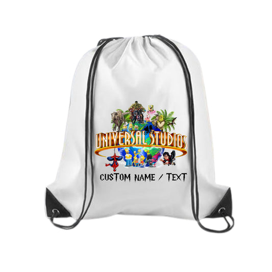 drawstring backpack featuring a colorful Universal Studios logo surrounded by popular characters from various movies and shows, including animated and action figures. Below the design is customizable text that allows for a custom name or message. Ideal for theme park trips, family vacations, or personalized gifts for kids