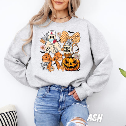 Halloween Nurse Ghost Sweatshirt – Cute Trick or Treat Fall Crewneck – Spooky Season Nurse Shirt – Medical Halloween Sweater