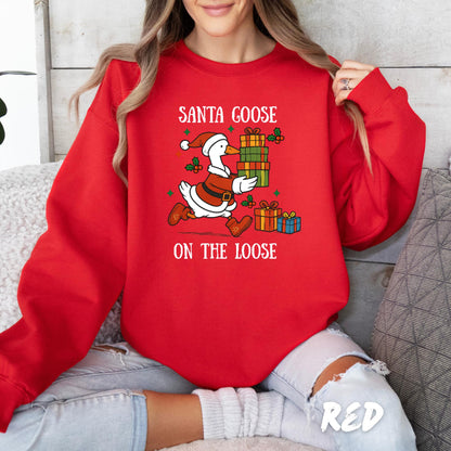 Santa Goose on the Loose Sweatshirt – Funny Christmas Goose Shirt – Cute Holiday Pullover – Unisex Xmas Sweater – Gift for Goose Lover