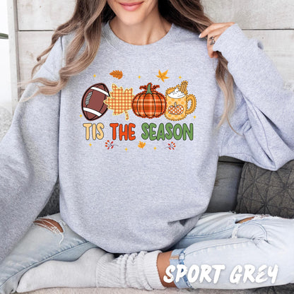 Tis the Season Fall Sweatshirt | Cute Autumn Pumpkin Coffee Football Sweater | Thanksgiving Cozy Pullover | Fall Vibes Crewneck
