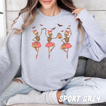 Cute Skeleton Ballerina Halloween Sweatshirt | Pink Tutu Skeleton Pullover | Fall Halloween Dance Sweater for Women and Girls