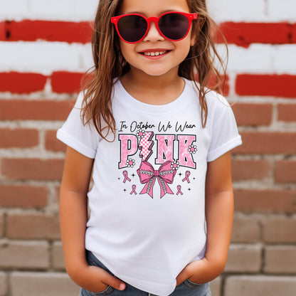 In October We Wear Pink T-Shirt – Breast Cancer Awareness Shirt, Pink Ribbon Support Tee, Baseball Bow Pink October Graphic Top