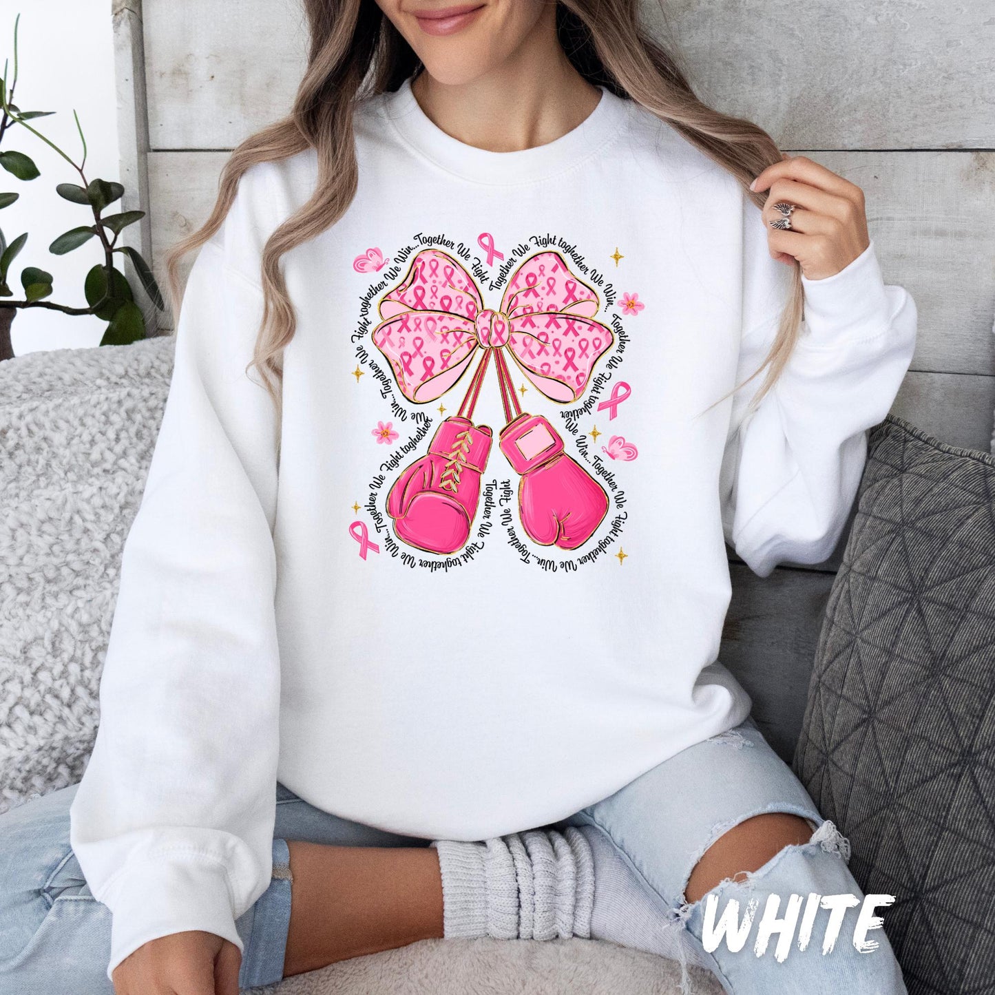 Breast Cancer Awareness Sweatshirt – Pink Ribbon Bow & Boxing Gloves – Together We Fight Shirt – October Support Crewneck