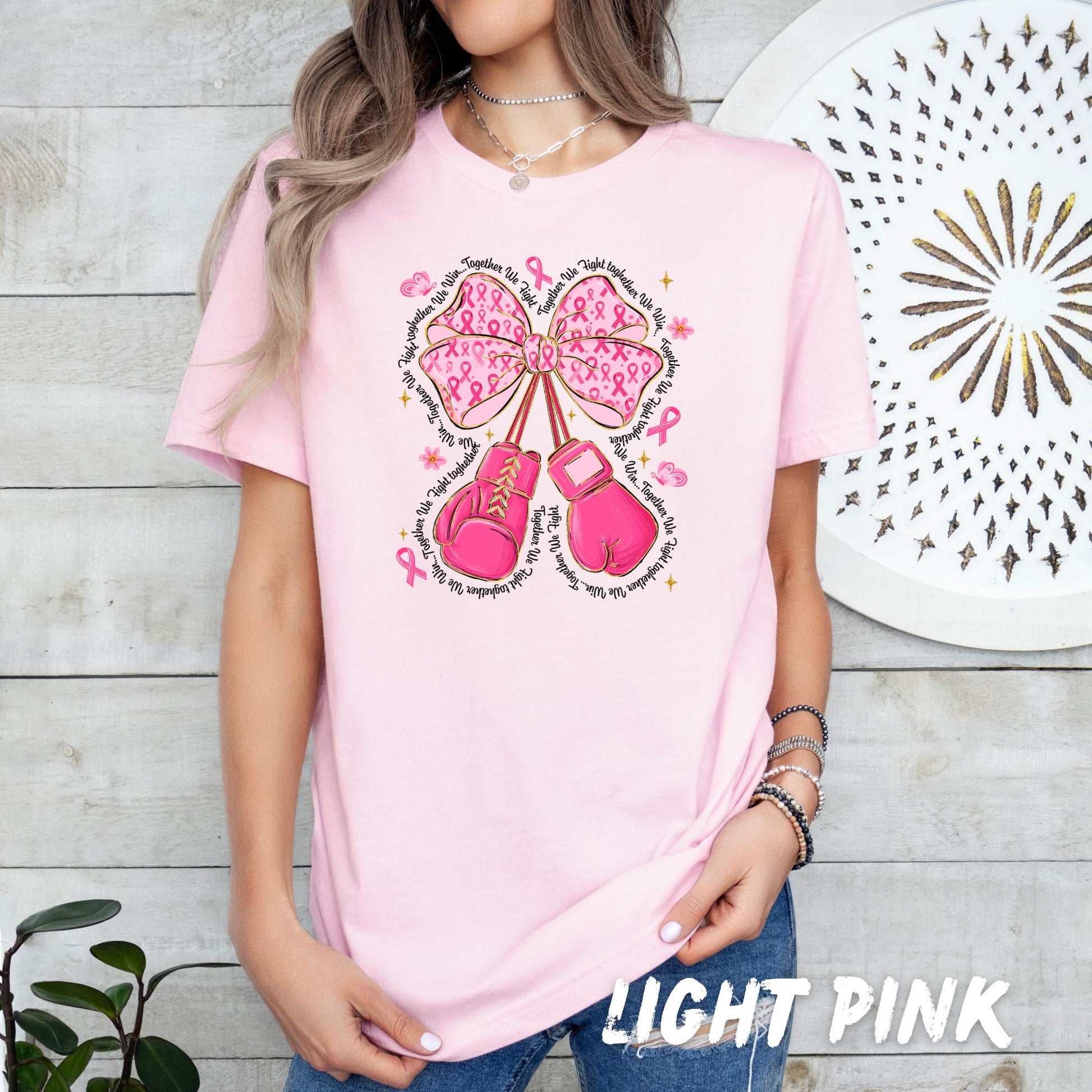 Breast Cancer Awareness Sweatshirt – Pink Ribbon Bow & Boxing Gloves – Together We Fight Shirt – October Support Crewneck