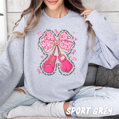 Breast Cancer Awareness Sweatshirt – Pink Ribbon Bow & Boxing Gloves – Together We Fight Shirt – October Support Crewneck