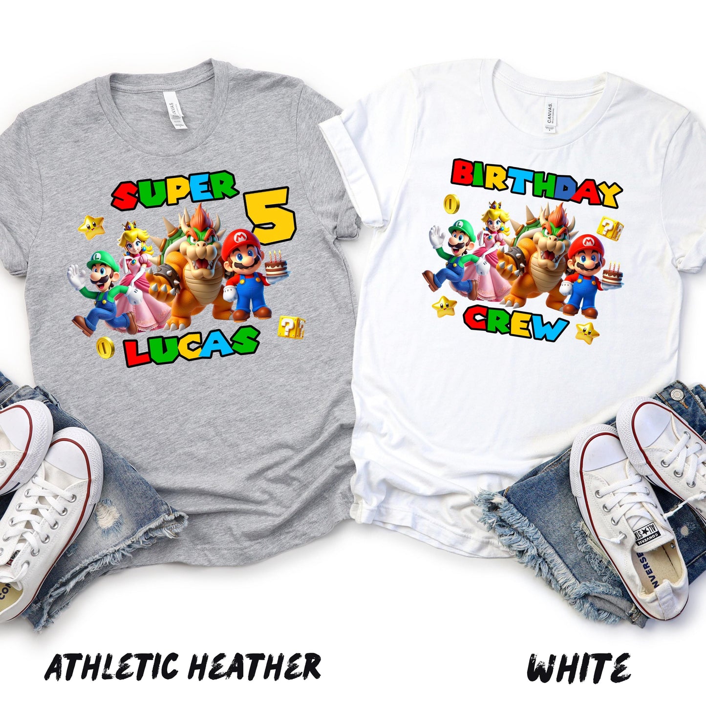 Custom Super Mario birthday shirts featuring popular characters like Mario, Luigi, Princess Peach, and Bowser. One shirt design can be personalized with the child’s name and age, while the matching crew shirt says ‘Birthday Crew.’ Available in kids and adult sizes, with customizable text for names, numbers, or messages. Perfect for themed birthday parties and family celebrations.