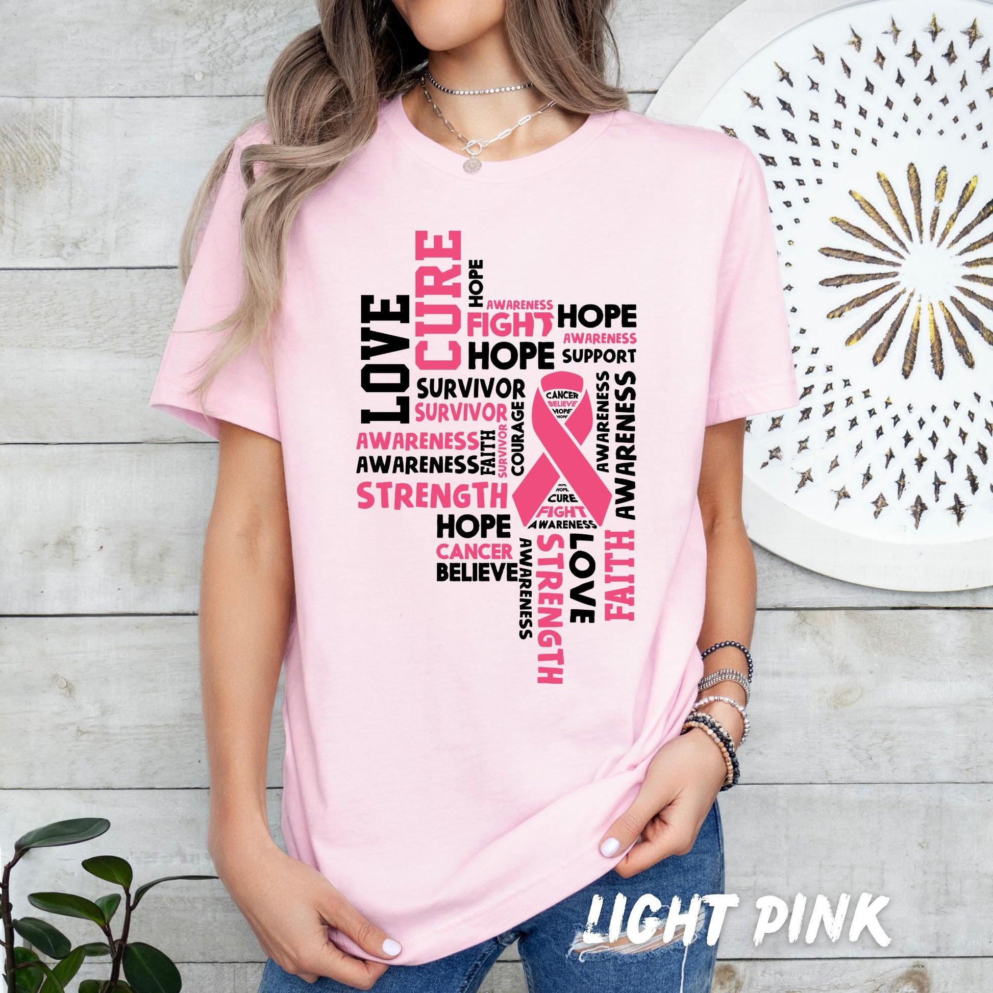 Breast Cancer Awareness Shirt – Pink Ribbon Word Tee, Hope Faith Love Cure Strength Survivor Support T-Shirt for Women - Breast Cancer Gift