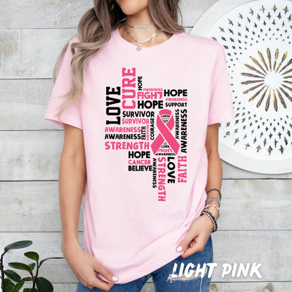Breast Cancer Awareness Shirt – Pink Ribbon Word Tee, Hope Faith Love Cure Strength Survivor Support T-Shirt for Women - Breast Cancer Gift