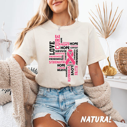 Breast Cancer Awareness Shirt – Pink Ribbon Word Tee, Hope Faith Love Cure Strength Survivor Support T-Shirt for Women - Breast Cancer Gift