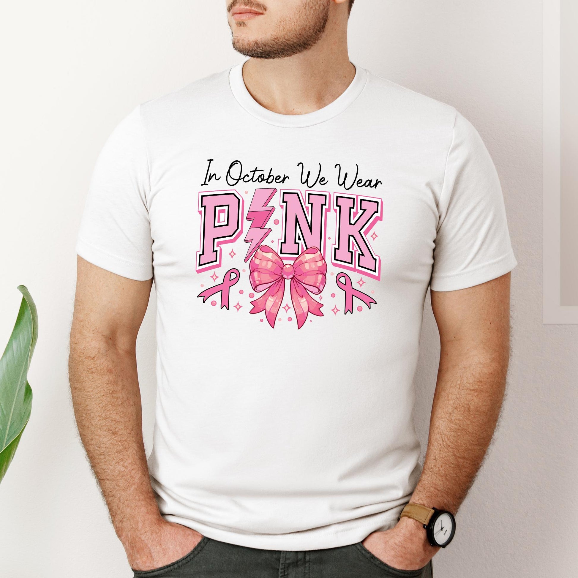In October We Wear Pink Shirt – Breast Cancer Awareness T-Shirt, Pink Ribbon Bow Graphic Tee, Support Fight Cure, October Pink Top