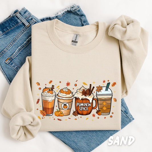 unisex sweatshirt featuring a cute fall coffee design with pumpkin spice lattes, whipped cream, mugs, and autumn leaves. Perfect cozy pullover for coffee lovers, available in multiple colors for adults and kids.